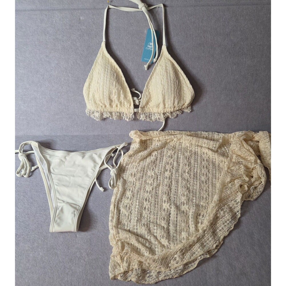 CUPSHE Cream 3 Pc Swim Set Women's Size L Triangle Bikini Tie Side Cover Up NWT